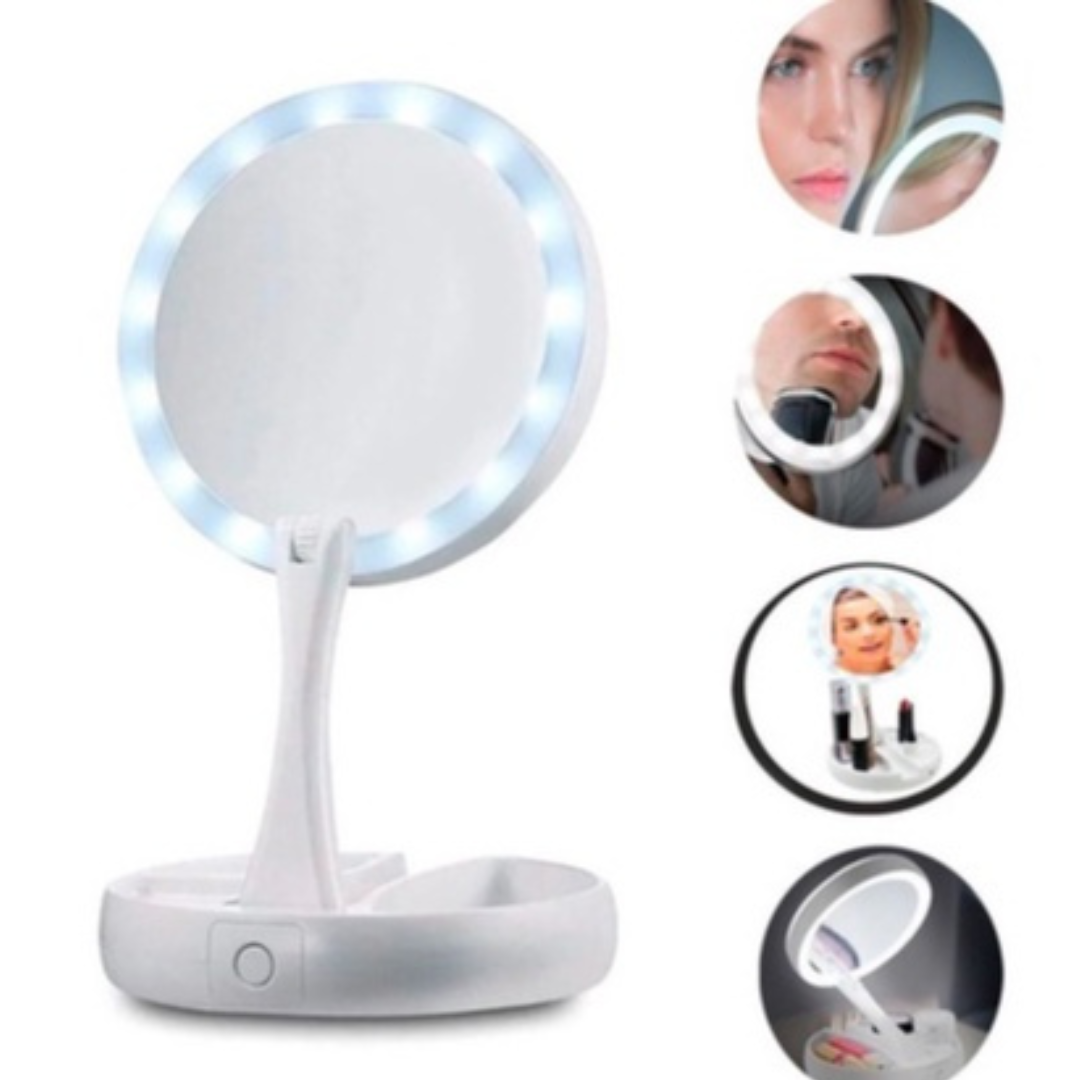 LumiVanity – Espelho Camarim Dobrável com Organizador