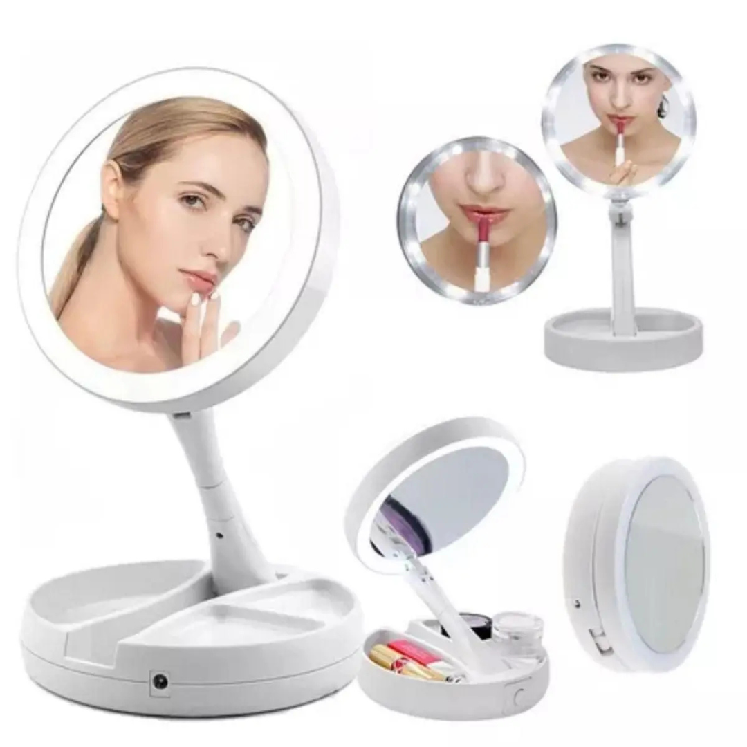 LumiVanity – Espelho Camarim Dobrável com Organizador